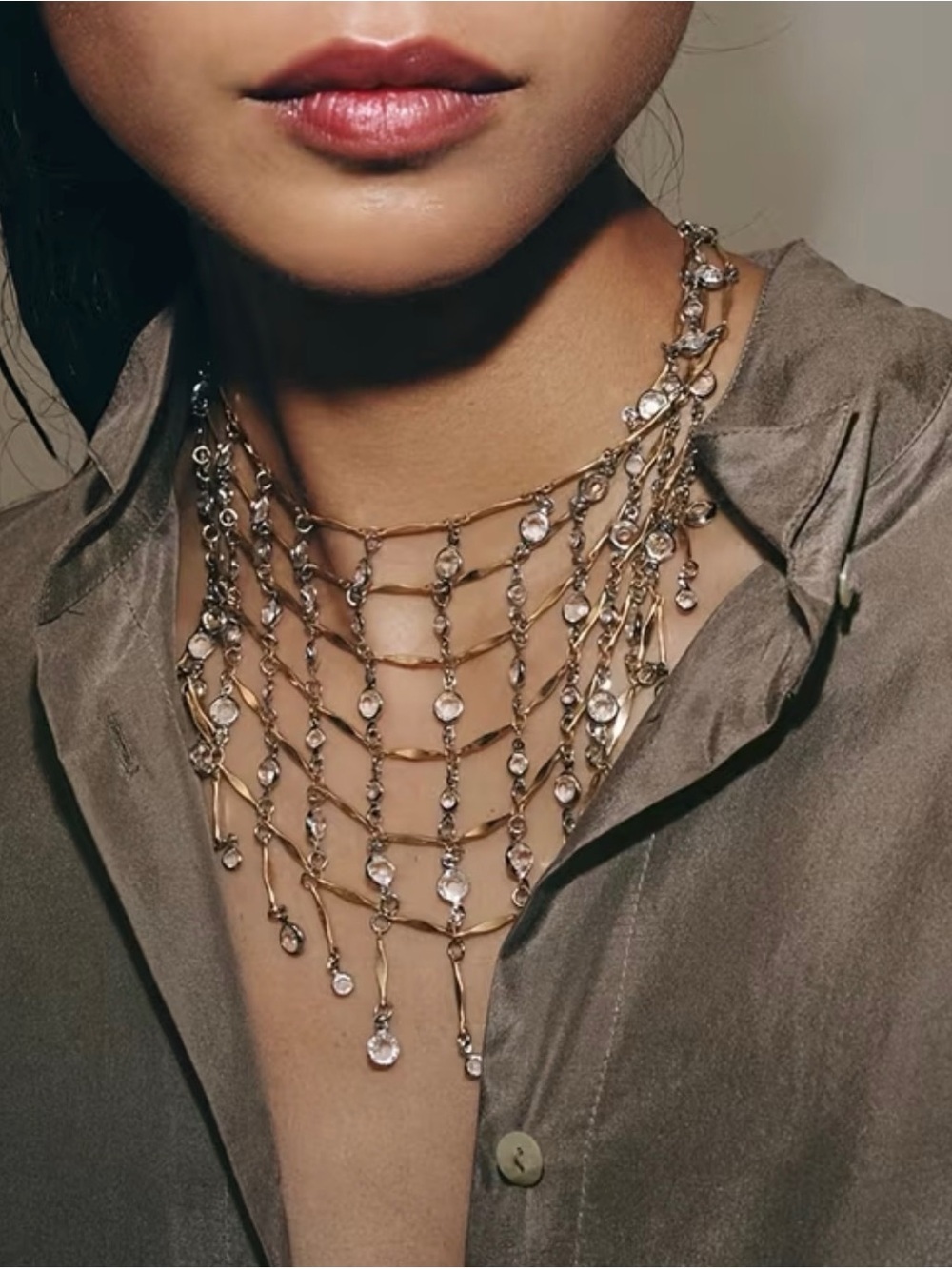 Zara Limited Edition Layered Crystal Statement Necklace Gold Silver Tone NWOT